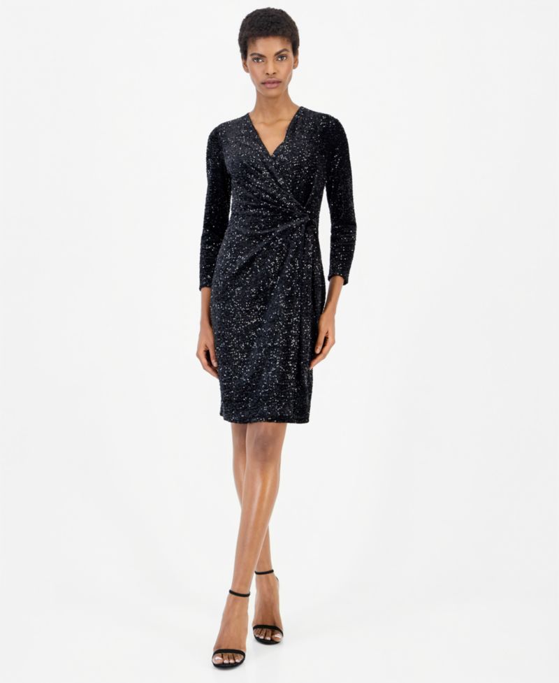 Women's Classic Velvet Sequin Faux-Wrap Dress
