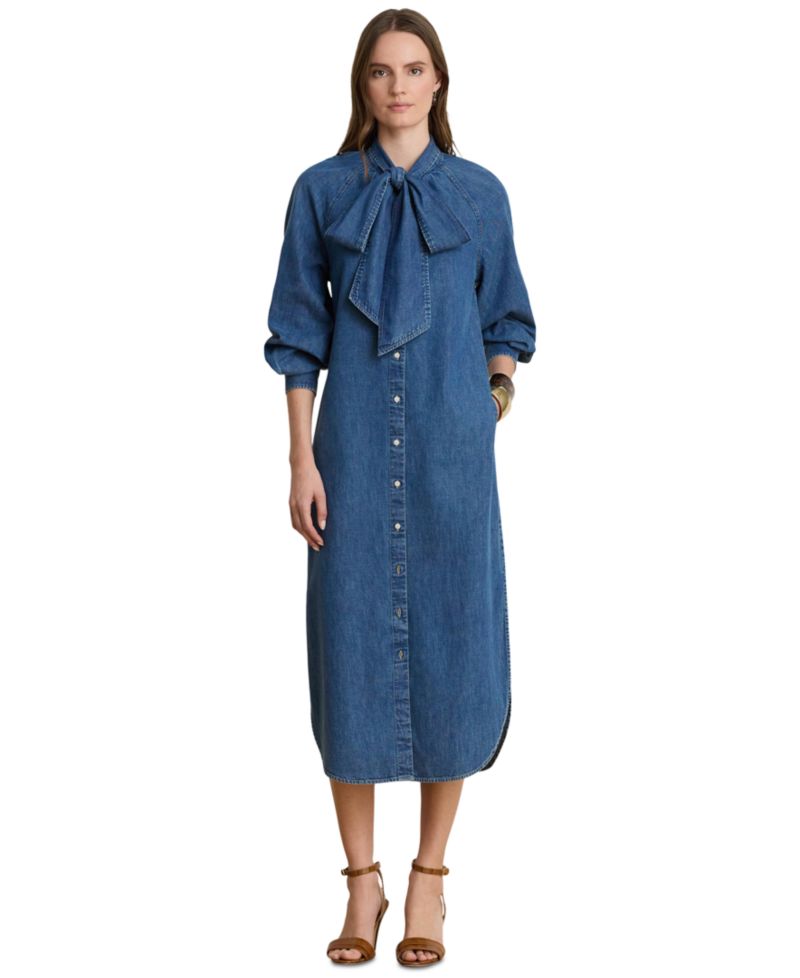Women's Denim Tie-Neck Midi Shirtdress