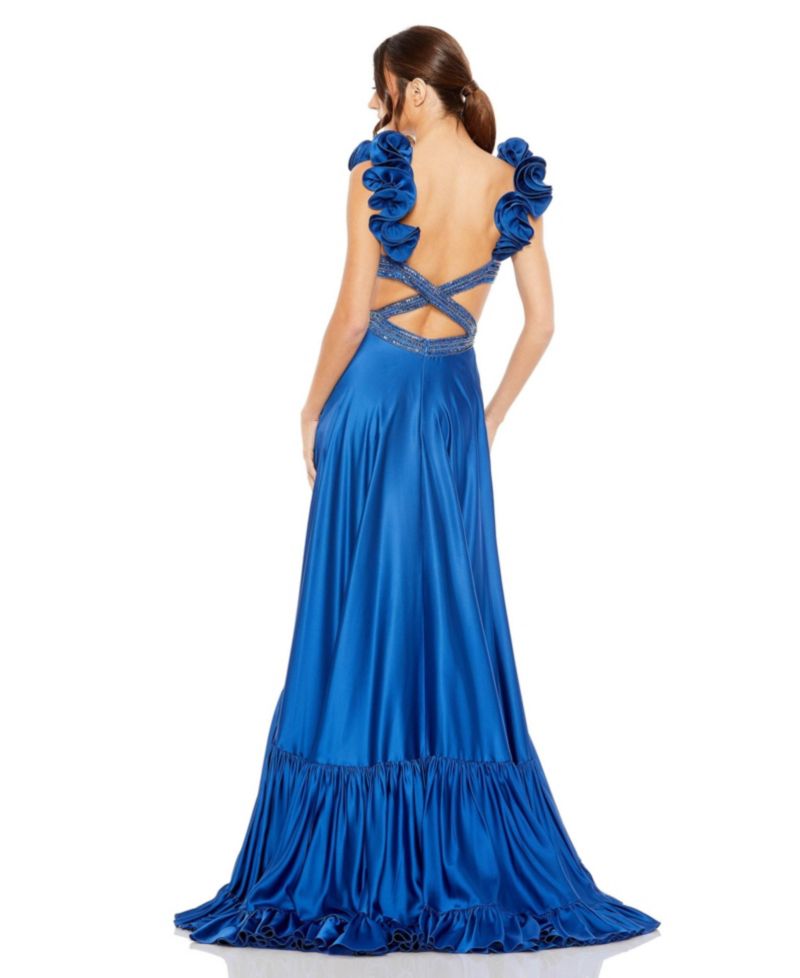Women's Beaded Cross Cut Out Ruffled Strap A Line Gown