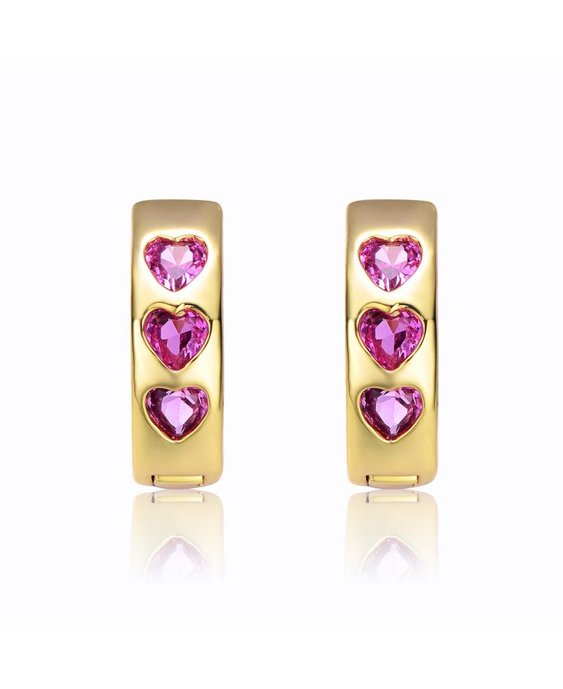 Sparkling 14K Gold Plated Triple Pink Heart Cubic Zirconia Hoop Earrings
