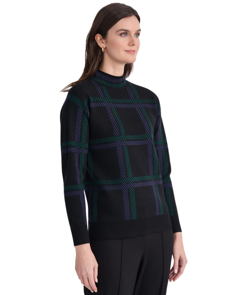 Petite Mock Neck Plaid Long-Sleeve Sweater