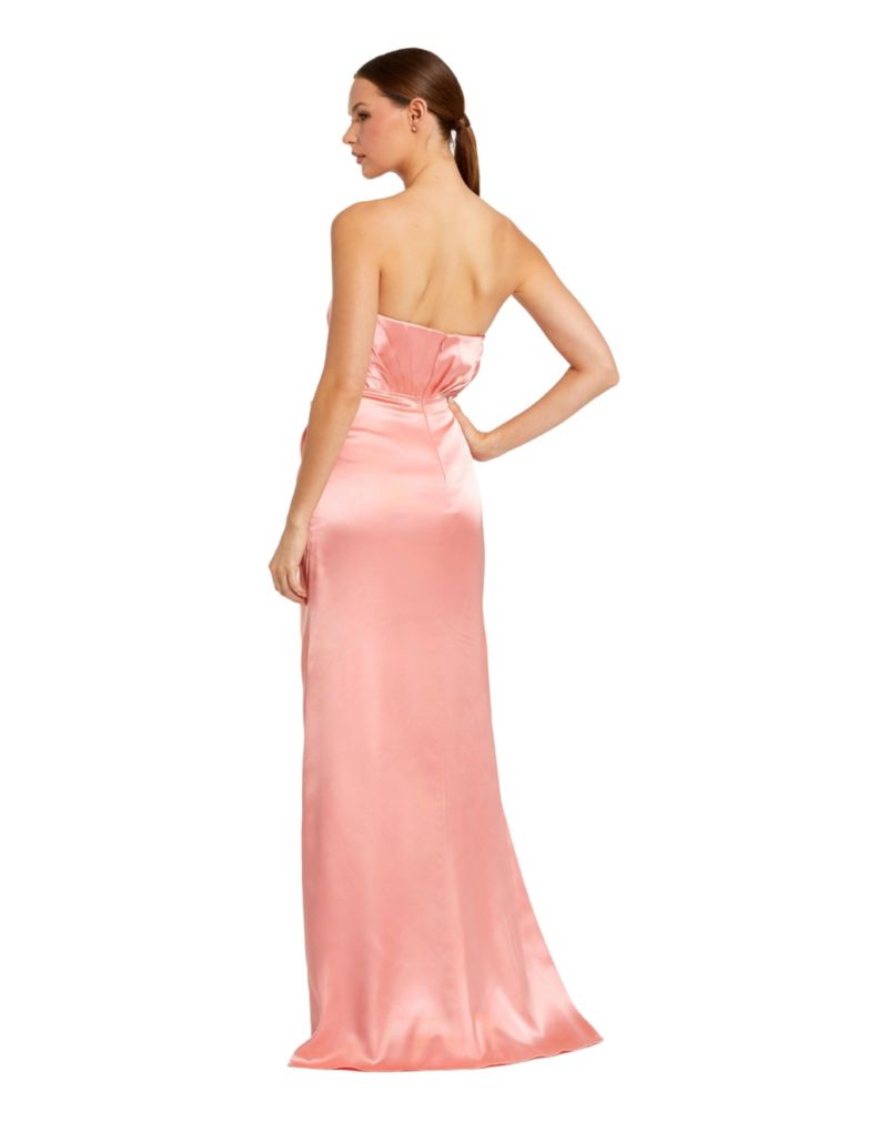 Women's Strapless Satin Gown with Floral 3D Accent