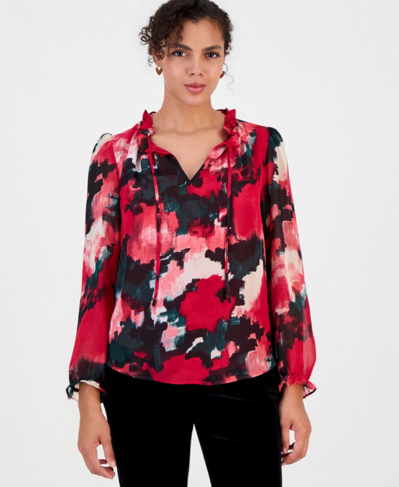 Women's Ruffle Tie Neck Long-Sleeve V-Neck Blouse