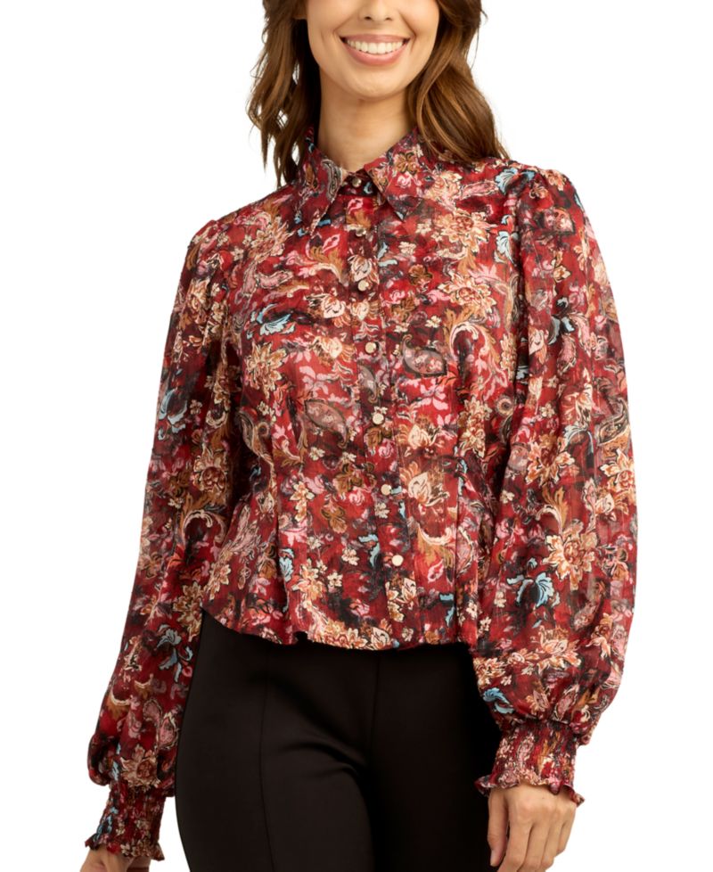 Juniors' Satin Stripe Lurex Collared Button-Up Shirt