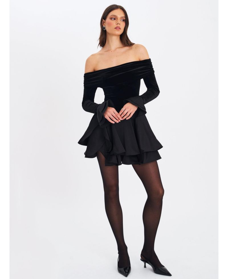 Women Magnolia Black Off-Shoulder Layered Satin Mini Dress