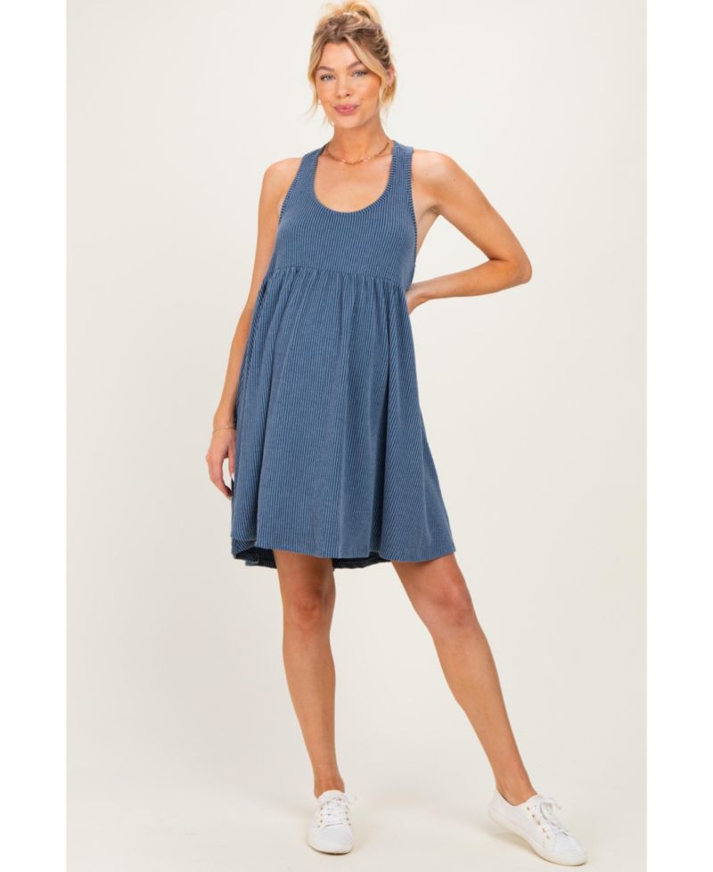 Women's Blue Ribbed Sleeveless Open Back Midi Dress