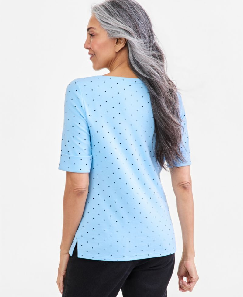 Petite Printed Boat-Neck Elbow Sleeve Top