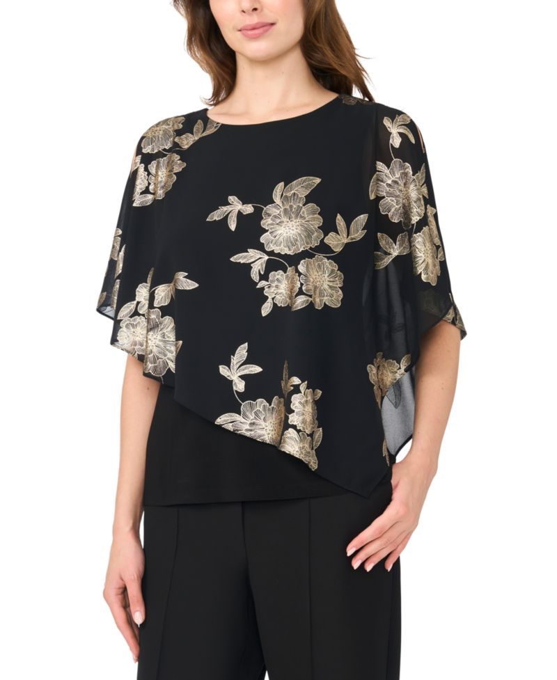 Women's Foil Floral-Print Cold-Shoulder Cape-Sleeve Top