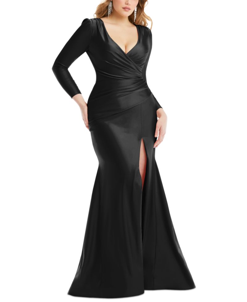Women's Long Sleeve Draped Wrap Stretch Satin Mermaid Dress with Slight Train