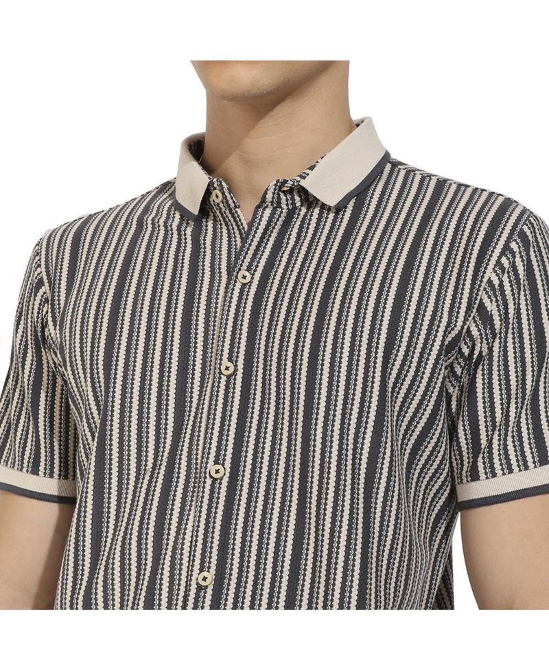 Men's Light Grey & Navy Blue Contrast Knitted Shirt