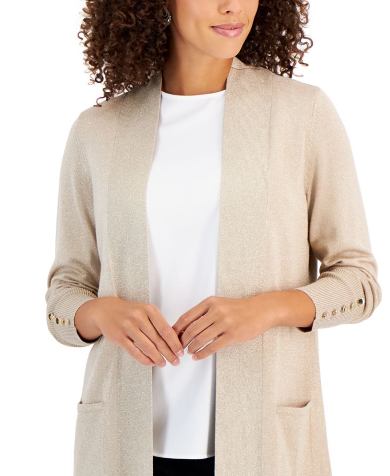 Petite Open-Front Buttoned-Cuff Cardigan