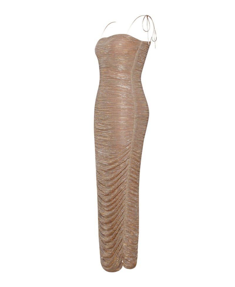 Women The Glint Gold Ruched Chiffon Long Maxi Dress