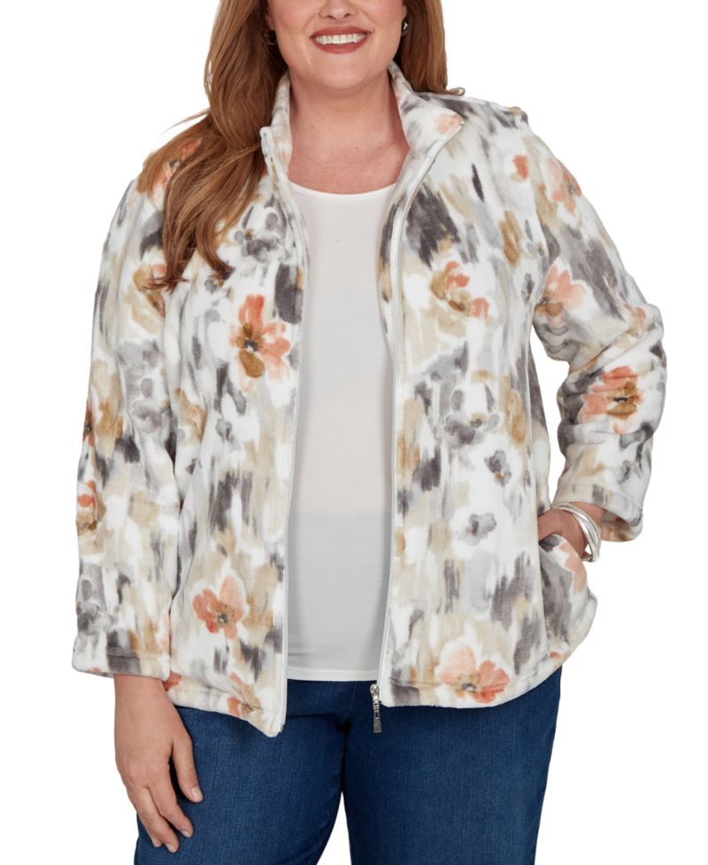 Plus Size Watercolor-Floral Cozy-Fleece Zip Jacket