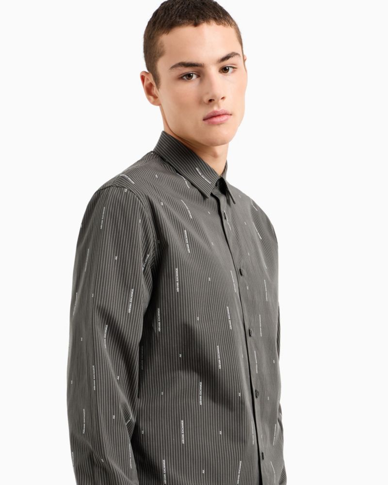 Men's Slim-Fit Striped Logo Print Long Sleeve Button-Front Shirt
