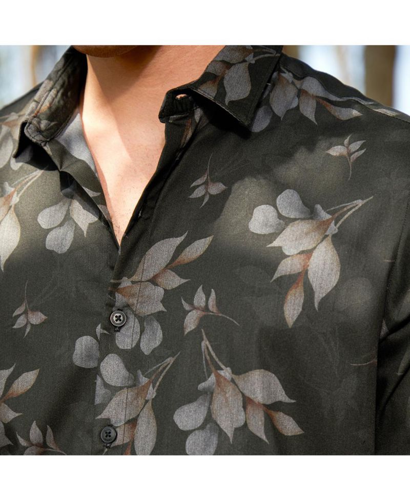 Men's Charcoal Grey Stamped-Foliage Shirt