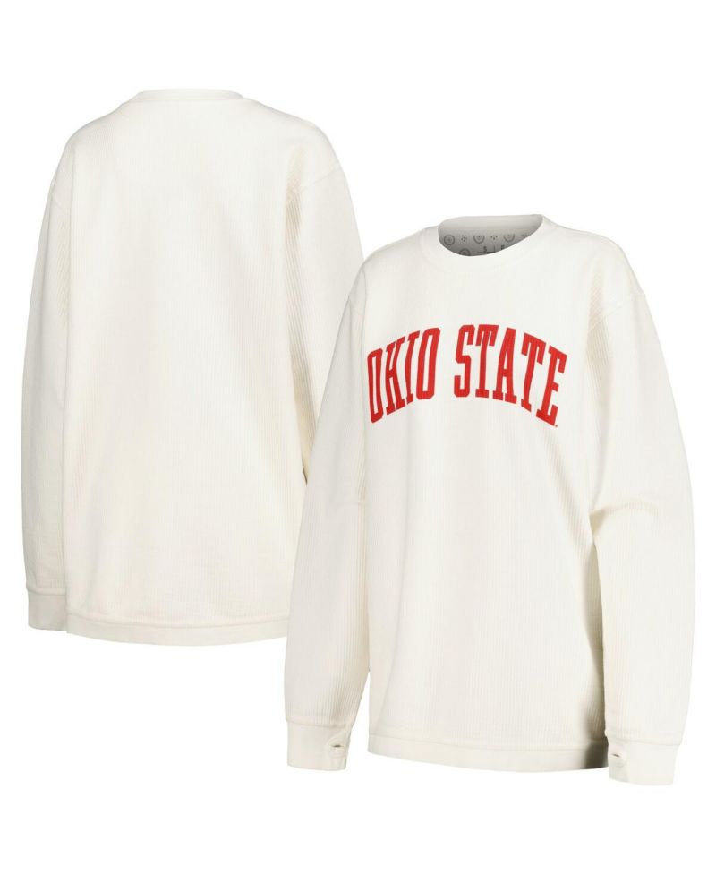 Women's White Distressed Ohio State Buckeyes Comfy Corded Vintage-Like Wash Basic Arch Pullover Sweatshirt