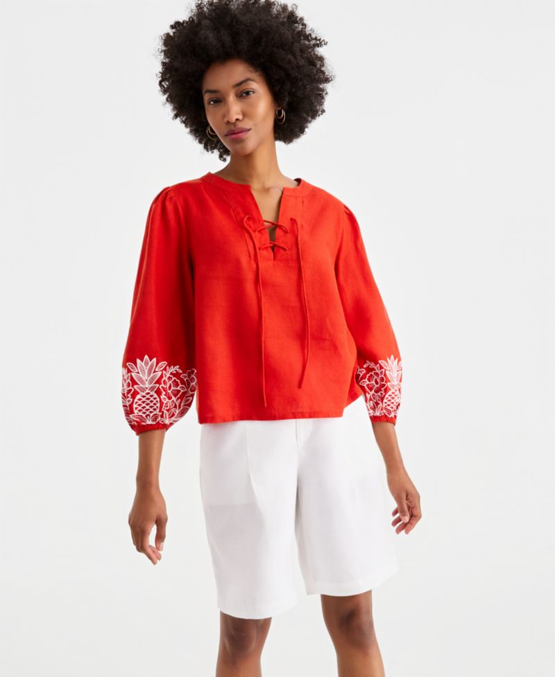 Women's Embroidered Blouson-Sleeve 100% Linen Blouse