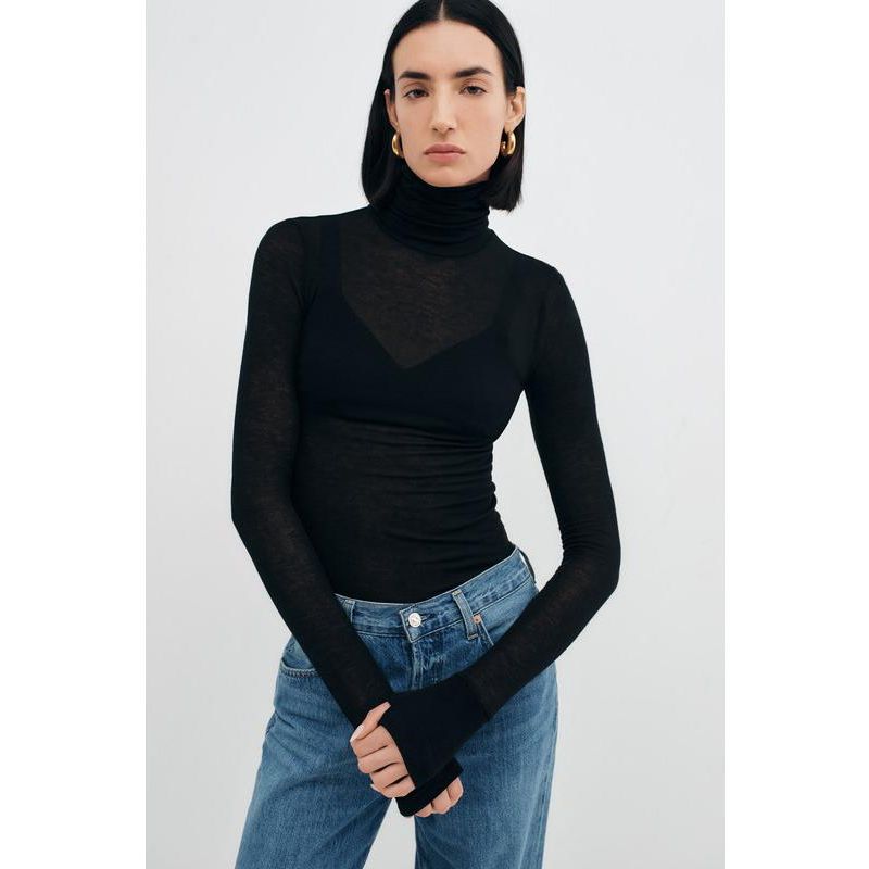 Women's Eloise Extra-Long Sheer Jersey Fitted Turtleneck with Thumbholes
