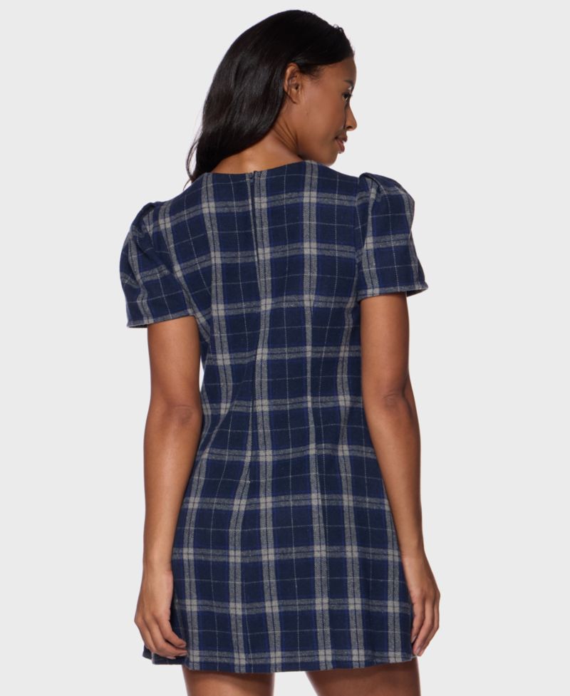 Juniors' Plaid Puff-Sleeve Mini Dress
