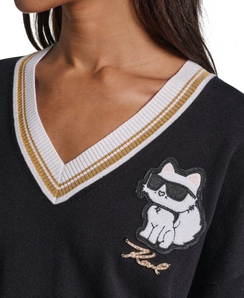 Women's Karl Patches Long-Sleeve Graphic-Patch V-Neck Sweater