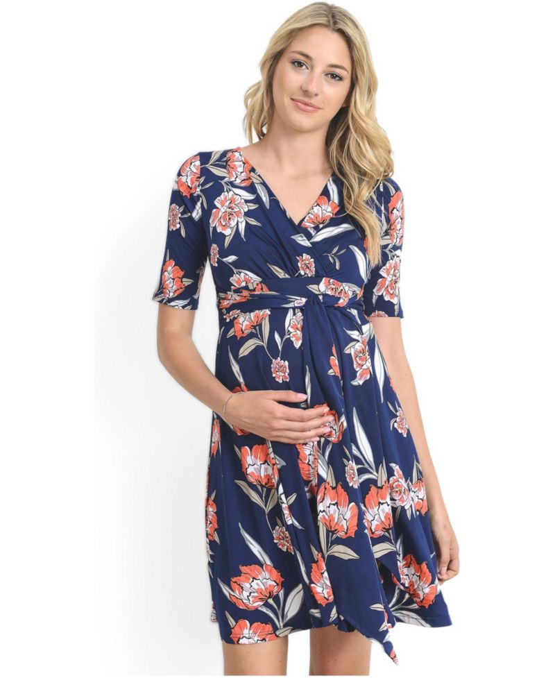 Women's V-Neck Floral Wrap Nursing Dress with Tie Waist