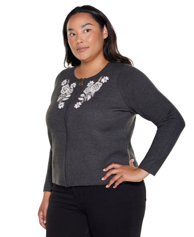 Plus Size Fitted Floral Full-Zip Cardigan