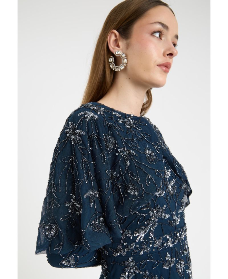 Women's Modest Embellished Sequin Beaded Dress Maxi With Attached Cape