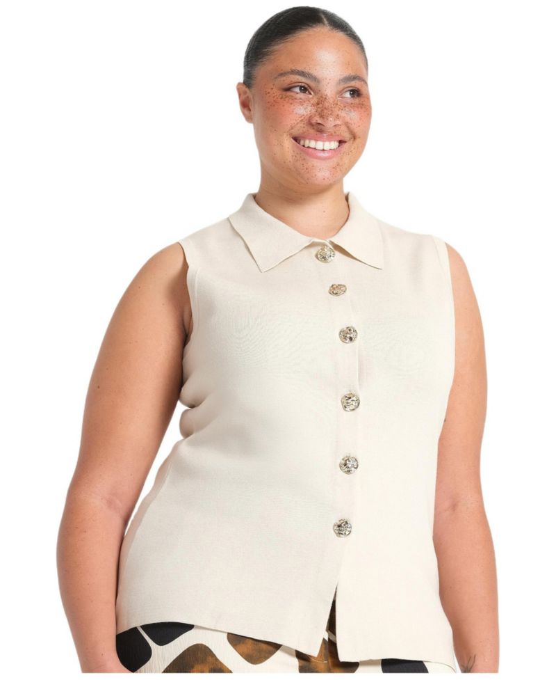 Plus Size Leya Collared Button-Front Fitted Knit Top