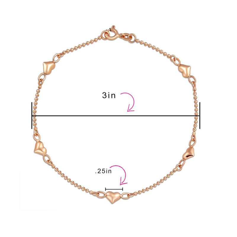 Romantic Delicate Puff Hearts Charm Anklet Ankle Bracelet Rose Gold Vermeil Sterling 9 Inch