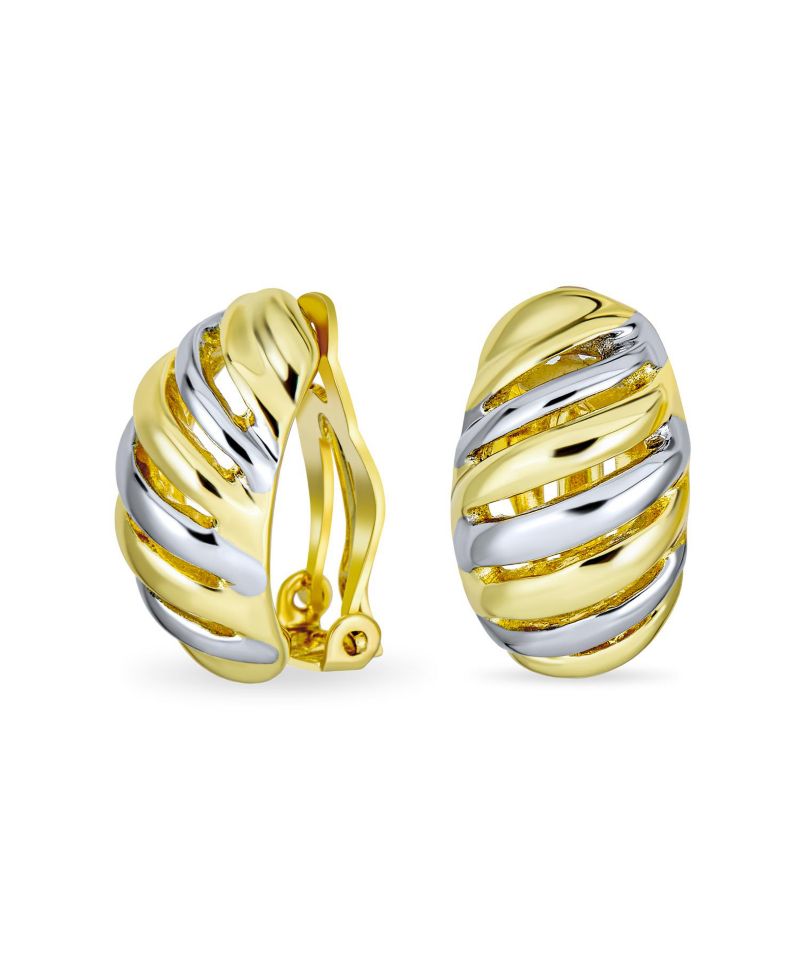 Shrimp Style Stripe Twist 2 Tone Dome Clip On Earrings Gold Plated Rhodium