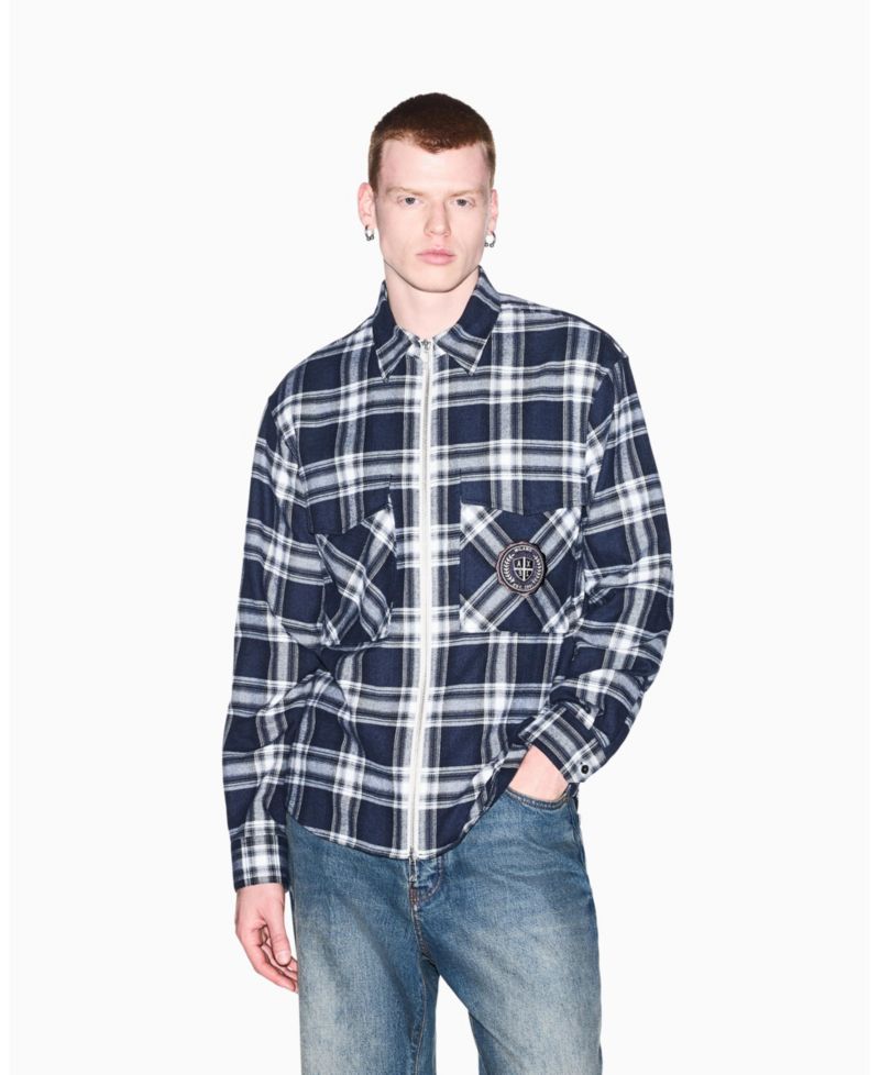 Men's Crossover Plaid Cotton Shirt with Back Graphic
