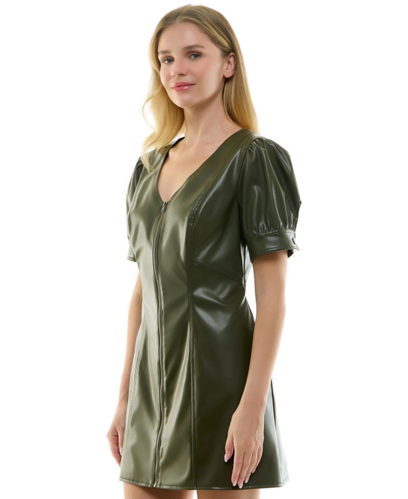 Juniors' Pleather V-Neck Mini Dress with Front Zipper