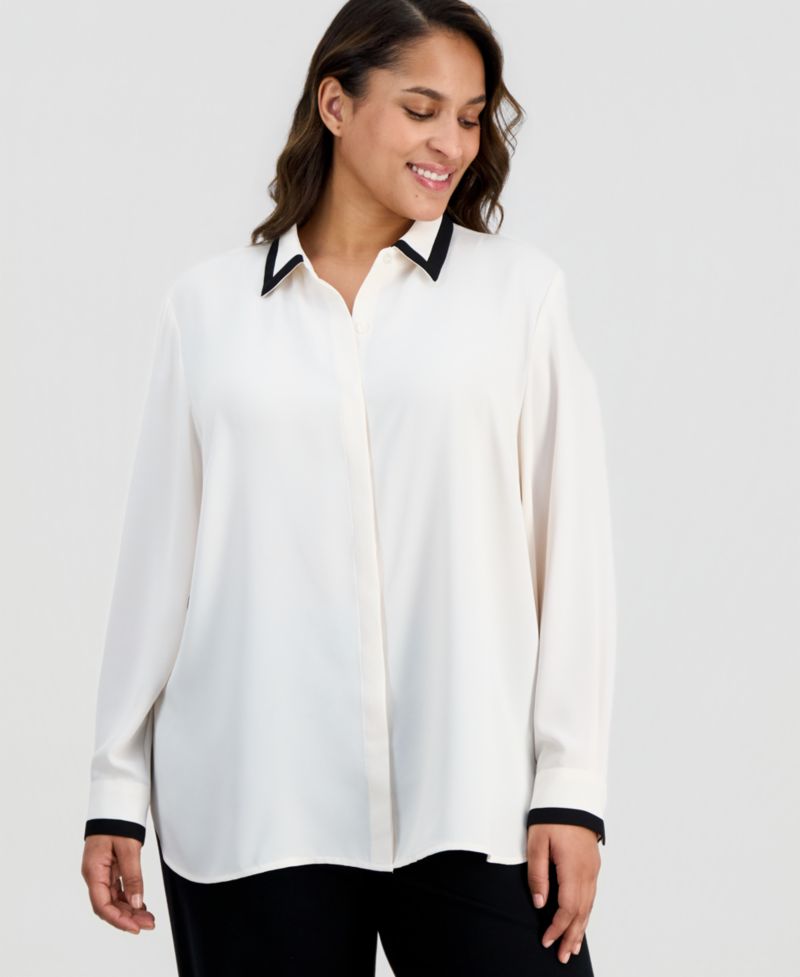 Plus Size Spread-Collar Button-Front Blouse