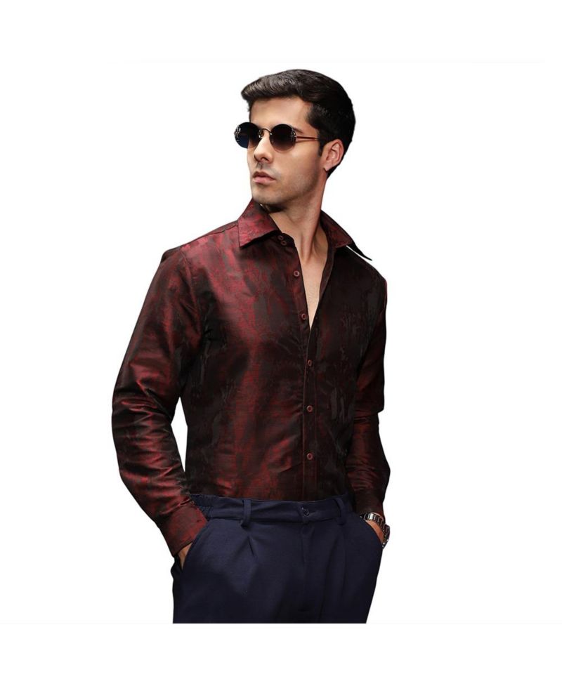 Men's Burgundy Red Abstract-Woven Shirt
