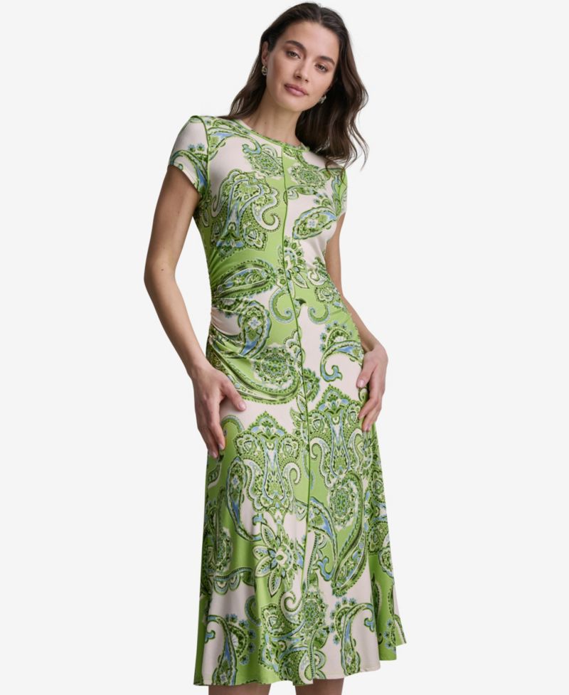 Women's Paisley-Print Cap-Sleeve Crewneck Midi Dress