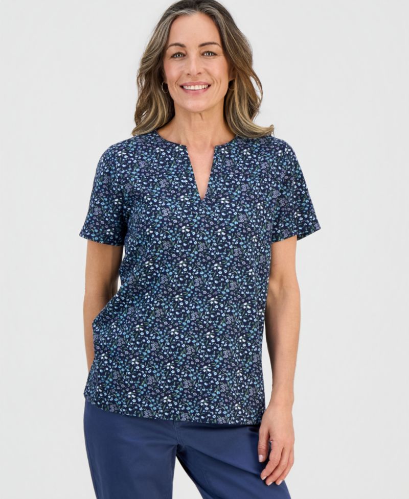 Petite Floral-Print Short-Sleeve Split-Neck Yoke Top