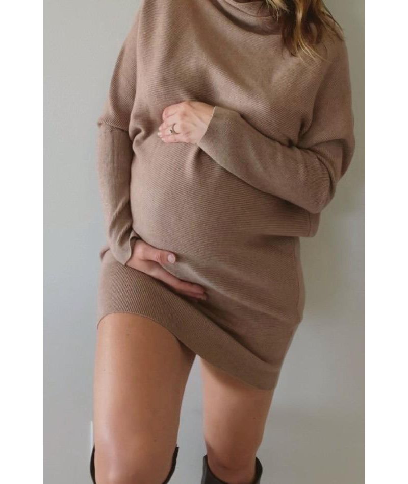 Women's Taupe Funnel Neck Dolman Sleeve Mini Dress
