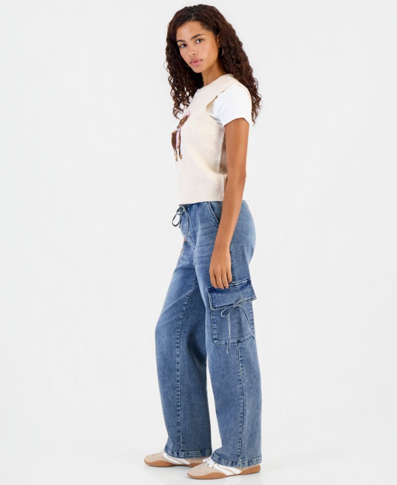 Juniors' Wide-Leg Cargo Drawstring-Waist Jeans