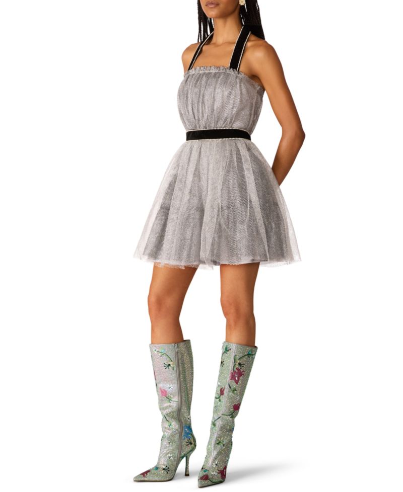 x Paris Hilton Juniors' Halter Open-Back Glittering Tulle Mini Dress
