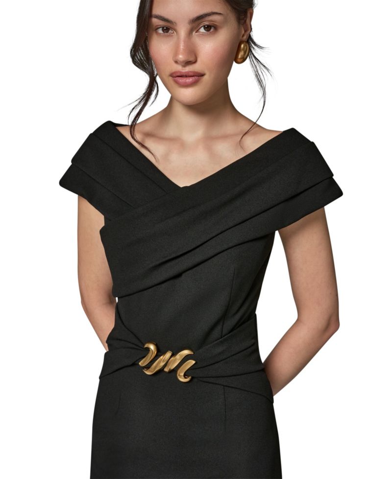 Women's Portrait Neck Sheath Midi Dress With Hardware