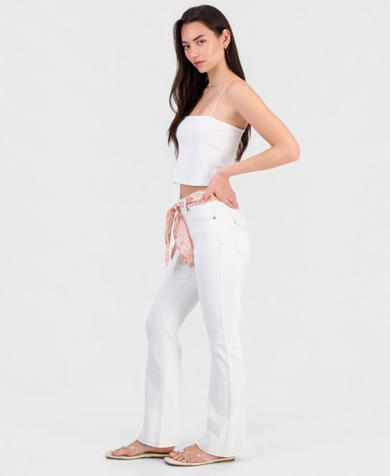 Juniors' Mid-Rise Scarf-Belt Bootcut Jeans