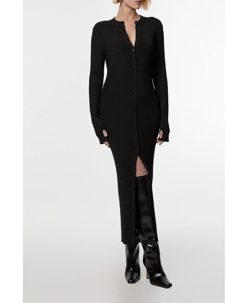 Women's Button Through Ribbed Maxi Dress