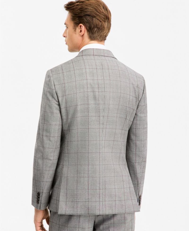 Men's Modern-Fit Gray & Wine Plaid Suit Separate Jacket