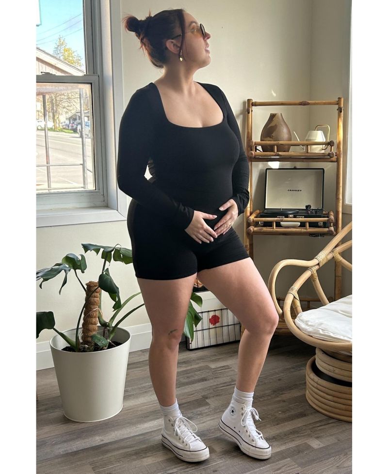 Women's Black Square Neck Long Sleeve Romper