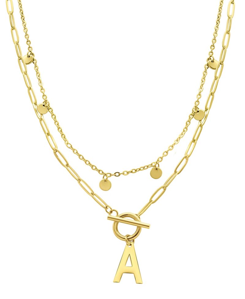 Tarnish Resistant 14K Gold-Plated Confetti and Paperclip Layered Initial Toggle Necklace