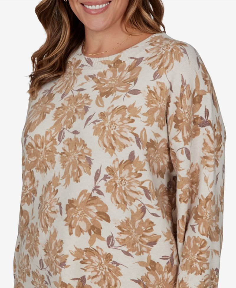 Plus Size Floral-Print Crewneck Long-Sleeve Sweater