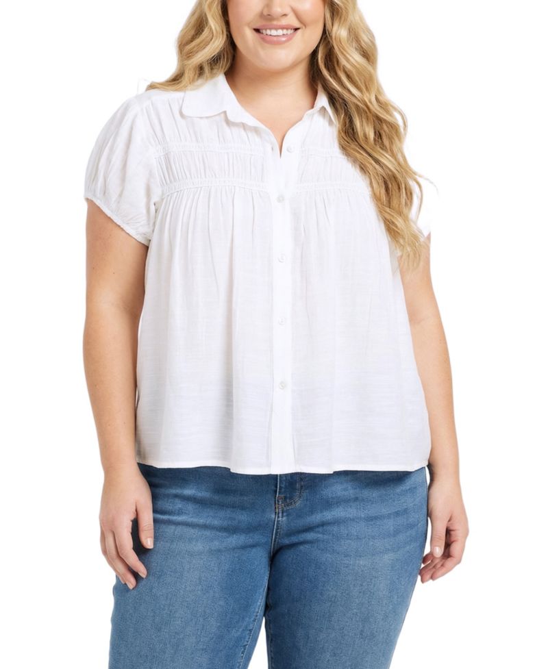 Plus Size Cap-Sleeve Rouched Yoke Top