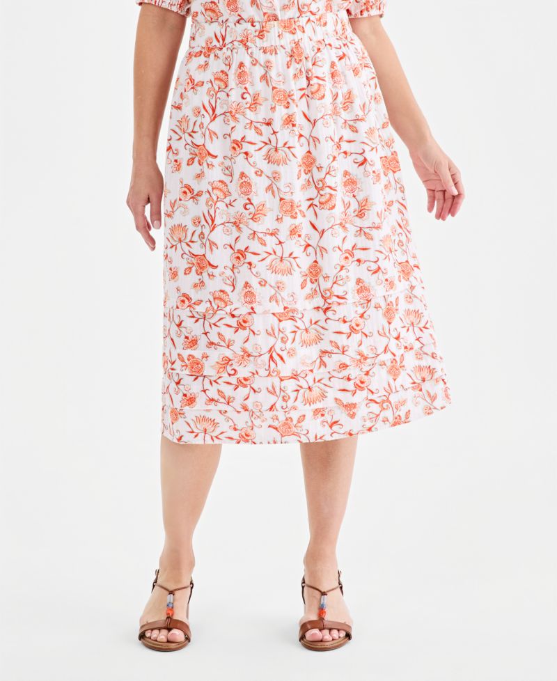 Women's Printed Cotton Gauze Pull-On Midi Skirt