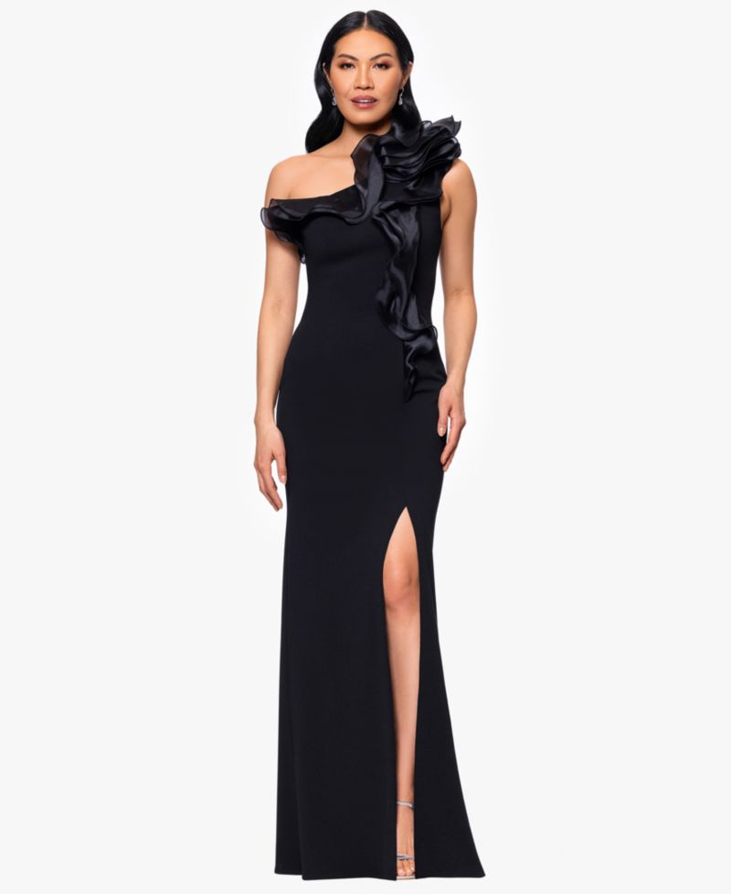 Women's Scuba Crepe Organza-Ruffle Long Dress