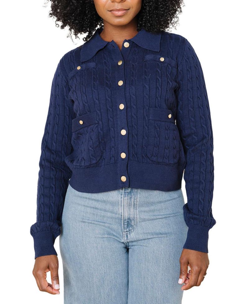 Women's Hope and Henry Organic Cable Knit Collared Cardigan Sweater